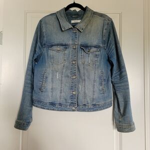 Ricki's Cool Weather Lightly Distressed Light Blue Jean Jacket Silver Buttons